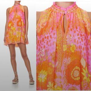 Camilla Dress High Neck Ruffle Mini Swing in Hair Hair Hair Pink Orange Floral